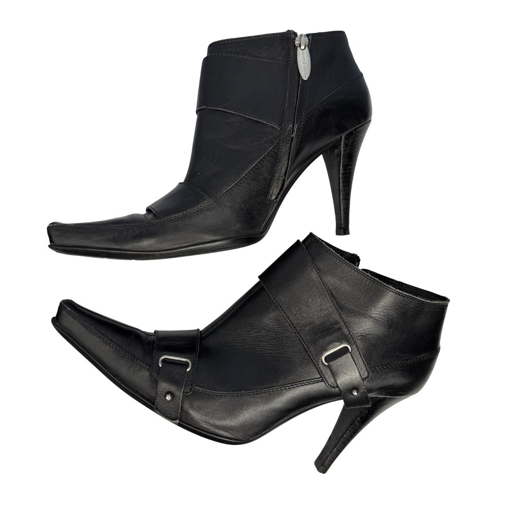 Sergio Rossi Black Leather Pointed Toe Buckle Ankle Boots Heels Size 9 US